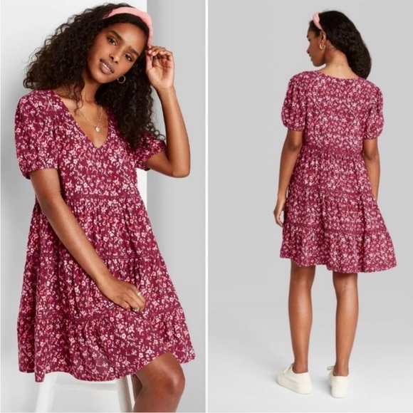 Wild Fable Women Small Purple & Pink Floral Flowy & Tiered Babydoll Summer Dress - Picture 1 of 10